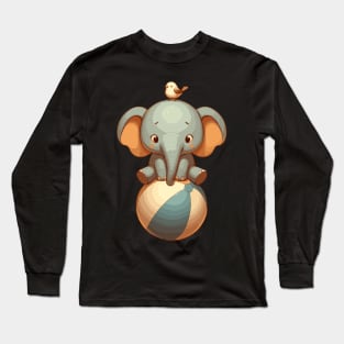 Kawaii Circus Elephant with bird On Ball Long Sleeve T-Shirt